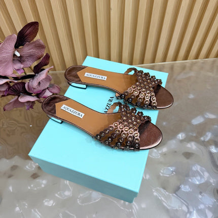 AQUAZZURA 26S SLIDES IN BRONZE CALFSKIN