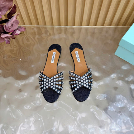 AQUAZZURA 26S SLIDES IN BLACK LUREX FABRIC