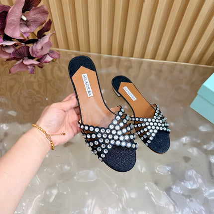 AQUAZZURA 26S SLIDES IN BLACK LUREX FABRIC