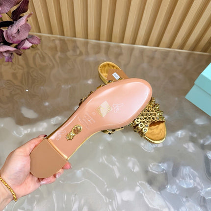 AQUAZZURA 26S SLIDES IN METALLIC GOLD CALFSKIN CRYSTAL-EMBELLISHED STRAPS