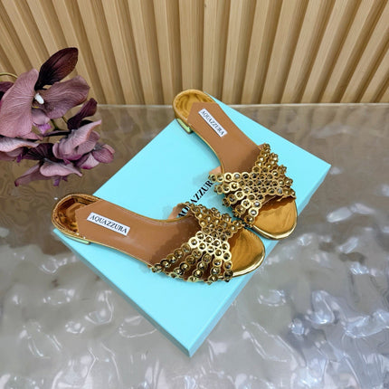 AQUAZZURA 26S SLIDES IN METALLIC GOLD CALFSKIN CRYSTAL-EMBELLISHED STRAPS
