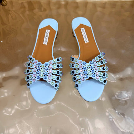 AQUAZZURA 26S SLIDES IN SKY BLUE CALFSKIN CRYSTAL-EMBELLISHED STRAPS