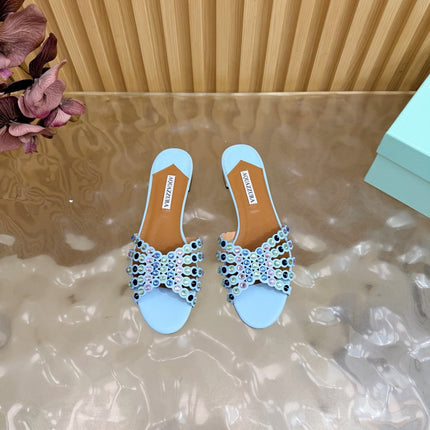 AQUAZZURA 26S SLIDES IN SKY BLUE CALFSKIN CRYSTAL-EMBELLISHED STRAPS
