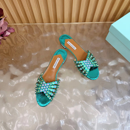 AQUAZZURA 26S SLIDES IN EMERALD GREEN SNAKESKIN EMBOSSED LEATHER