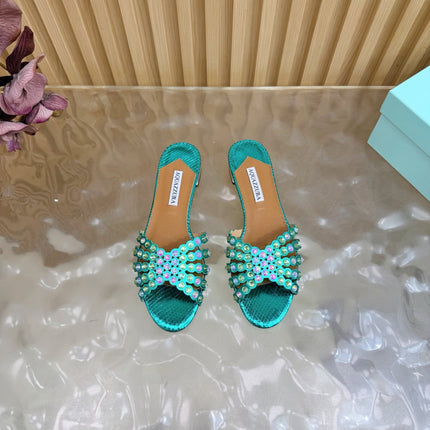 AQUAZZURA 26S SLIDES IN EMERALD GREEN SNAKESKIN EMBOSSED LEATHER