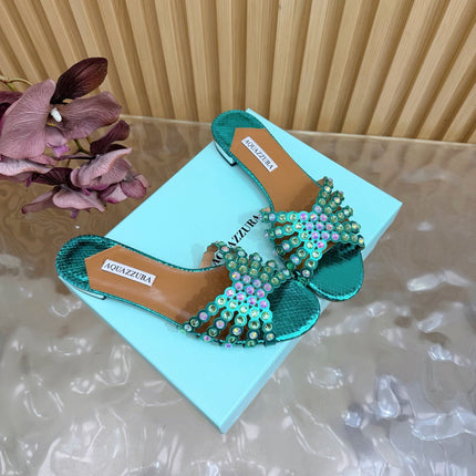 AQUAZZURA 26S SLIDES IN EMERALD GREEN SNAKESKIN EMBOSSED LEATHER