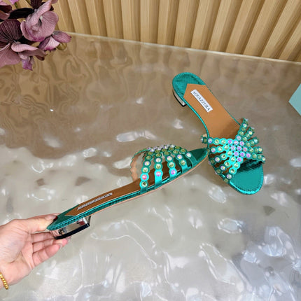 AQUAZZURA 26S SLIDES IN EMERALD GREEN SNAKESKIN EMBOSSED LEATHER