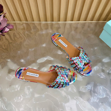 AQUAZZURA 26S SLIDES IN MULTICOLOR SNAKESKIN EMBOSSED LEATHER