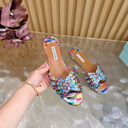 AQUAZZURA 26S SLIDES IN MULTICOLOR SNAKESKIN EMBOSSED LEATHER