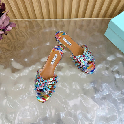 AQUAZZURA 26S SLIDES IN MULTICOLOR SNAKESKIN EMBOSSED LEATHER