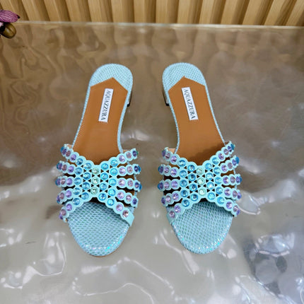AQUAZZURA 26S SLIDES IN LIGHT BLUE SNAKESKIN EMBOSSED LEATHER