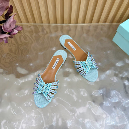 AQUAZZURA 26S SLIDES IN LIGHT BLUE SNAKESKIN EMBOSSED LEATHER