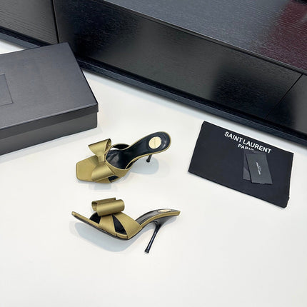 YSL 26S HEELED SANDALS 105 MM IN OLIVE GREEN SATIN