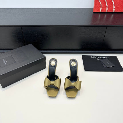 YSL 26S HEELED SANDALS 105 MM IN OLIVE GREEN SATIN