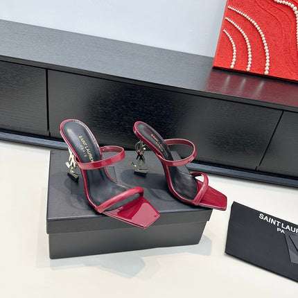 YSL 26S DOUBLE-STRAP HEELED SANDALS 100 MM IN DARK RED CALFSKIN