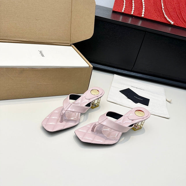 YSL 26S QUILTED THONG SANDALS 50 MM IN PASTEL PINK LAMBSKIN