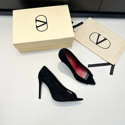 VALENTINO 26S PEEP-TOE HIGH HEELS 100 MM IN BLACK SUEDE