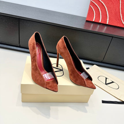 VALENTINO 26S PEEP-TOE HIGH HEELS 100 MM IN BRICK BROWN SUEDE