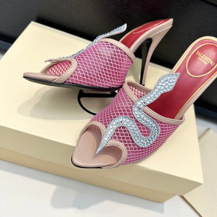 VALENTINO 26S SNAKE STRAP SANDALS 100 MM IN BEIGE CALFSKIN AND PINK MESH