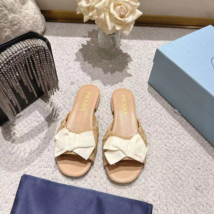 PRADA 26S RUCHED BOW SLIDE SANDALS IN BEIGE CALFSKIN