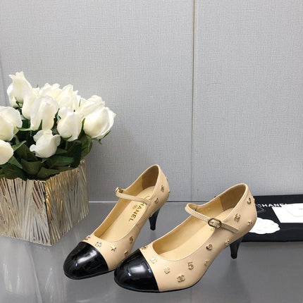 MARY JANE BEIGE CREAM MIX BLACK LAMBSKIN ATTACH METAL
