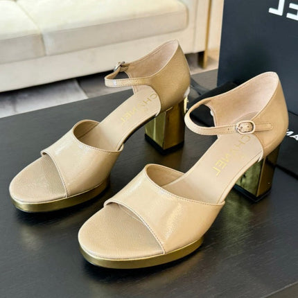 Platform Peep-Toe Sandals Beige Cream Lambskin