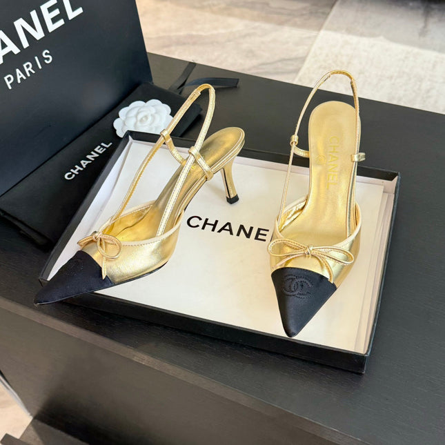 SLINGBACK WITH BOW IN GOLDEN MIX BLACK LAMBSKIN