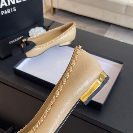 BALLET FLAT BEIGE CREAM CALFSKIN AND FABRIC