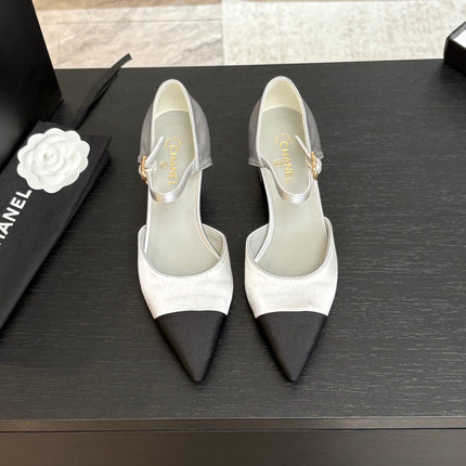 BLOCK HEEL SLINGBACKS IN SILVER MIX BLACK SILK FABRIC