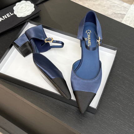 BLOCK HEEL SLINGBACKS IN NAVY BLUE MIX BLACK SILK FABRIC