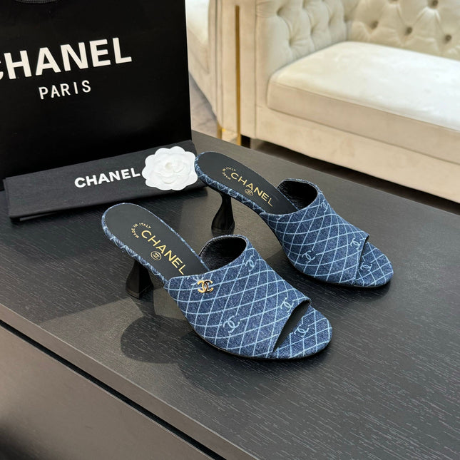 PEEP TOE MULE 85MM IN BLUE DENIM CHECKERED AND LOGO