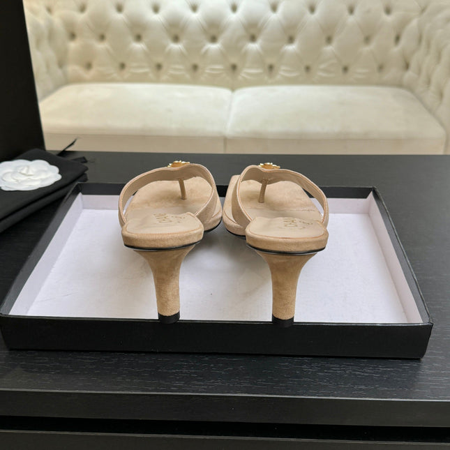 CHANEL 26S CAMELLIA THONG MULE IN BEIGE LAMBSKIN