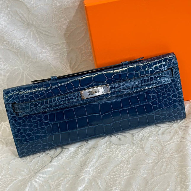 KELLY CUT 31 IN NAVY BLUE SHINNY ALLIGATOR LEATHER WITH SILVER HARDWARE