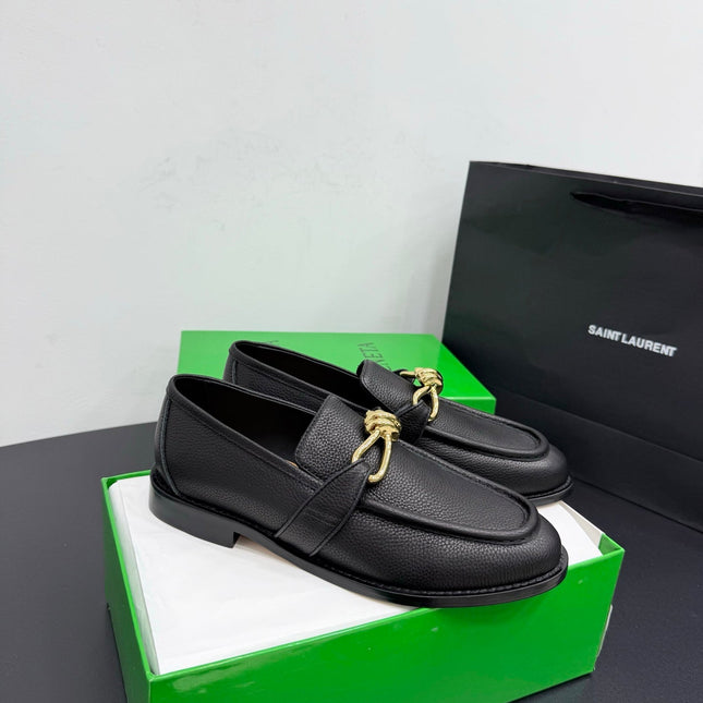 BOTTEGA VENETA 26S LOAFERS IN BLACK GRAINED CALFSKIN WITH GOLD HARDWARE