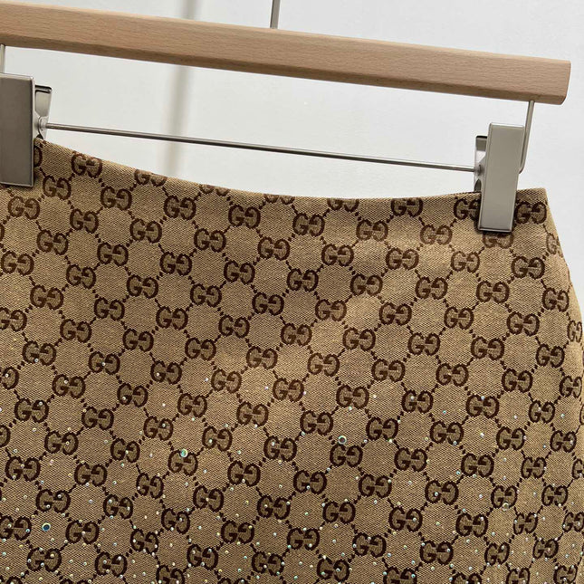 GG Beige Monogram Crystal Embellished Mini Skirt