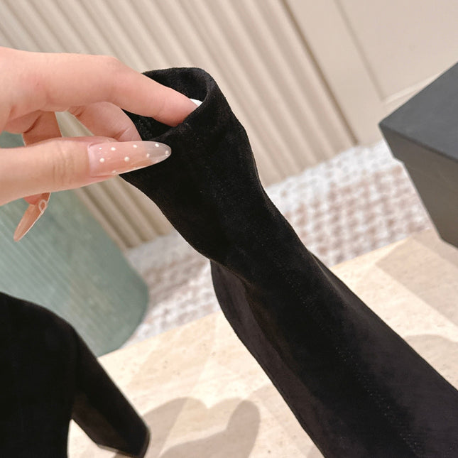 ALAIA 26S HEELED BOOTS 90 MM IN BLACK SUEDE