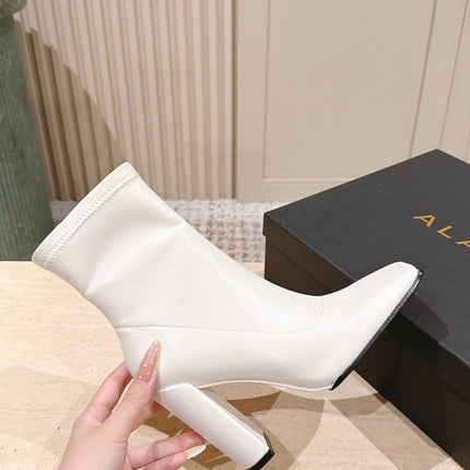 ALAIA 26S HEELED BOOTS 90 MM IN WHITE CALFSKIN
