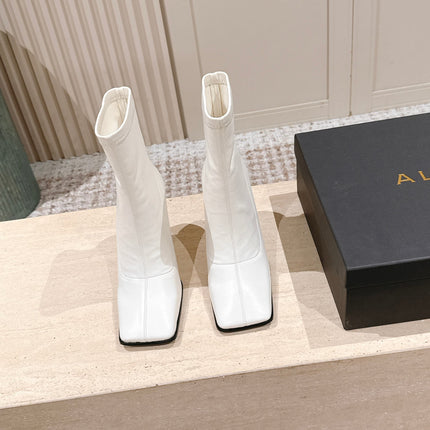ALAIA 26S HEELED BOOTS 90 MM IN WHITE CALFSKIN