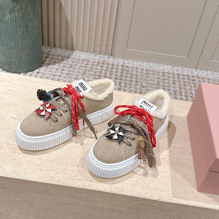 MIUMIU 25S SNEAKERS 50MM IN DARK BEIGE SUEDE WITH SHEARLING