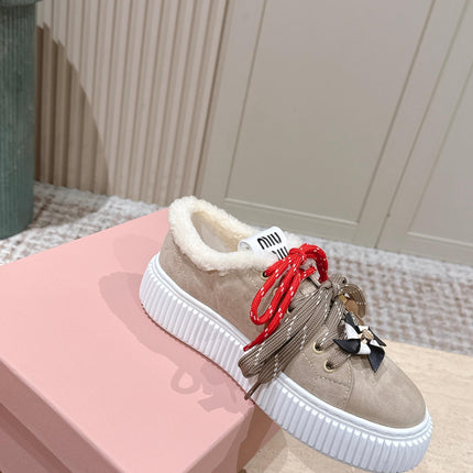 MIUMIU 25S SNEAKERS 50MM IN DARK BEIGE SUEDE WITH SHEARLING
