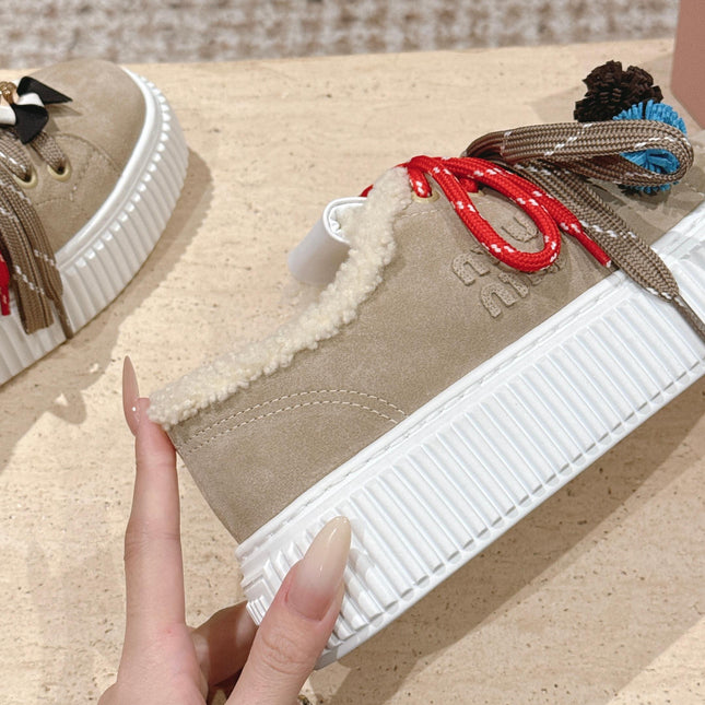 MIUMIU 25S SNEAKERS 50MM IN DARK BEIGE SUEDE WITH SHEARLING
