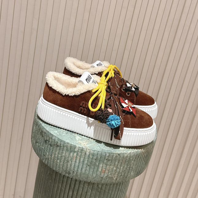 MIUMIU 25S SNEAKERS 50MM IN DARK BROWN SUEDE WITH SHEARLING