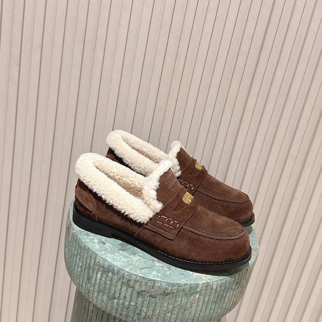 MIUMIU 25S PENNY LOAFERS 20MM IN DARK BROWN SUEDE WITH SHEARLING