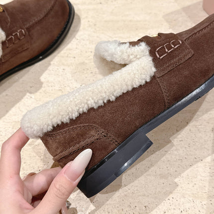 MIUMIU 25S PENNY LOAFERS 20MM IN DARK BROWN SUEDE WITH SHEARLING