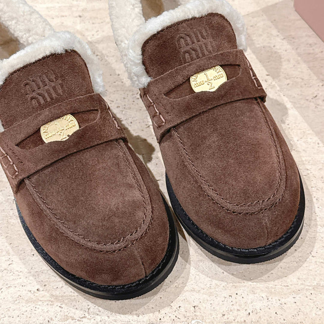 MIUMIU 25S PENNY LOAFERS 20MM IN DARK BROWN SUEDE WITH SHEARLING