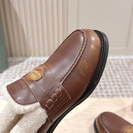 MIUMIU 25S PENNY LOAFERS 20MM IN EBONY BROWN BLEACHED CALFSKIN WITH SHEARLING
