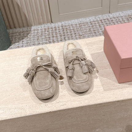 MIUMIU 25S MULES IN DESERT BEIGE SUEDE WITH SHEARLING