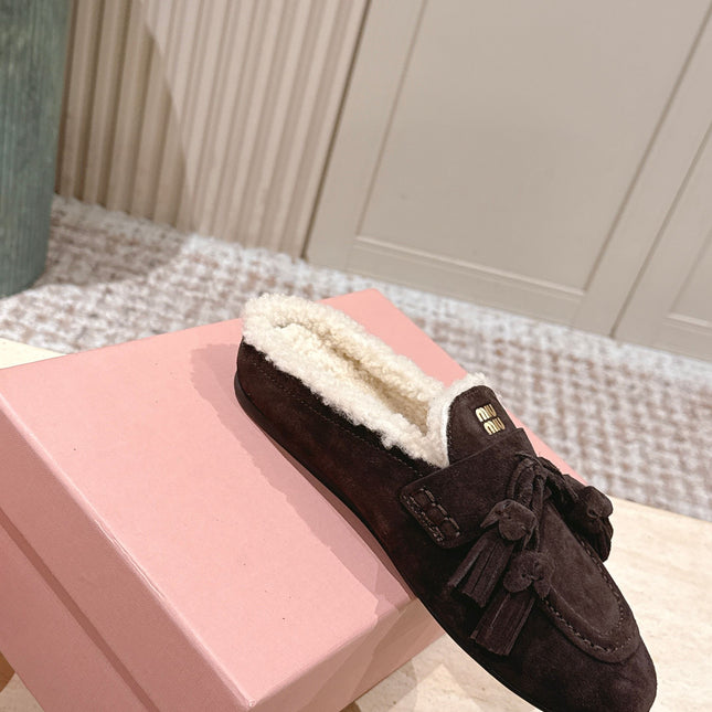 MIUMIU 25S MULES IN DARK BROWN SUEDE WITH SHEARLING