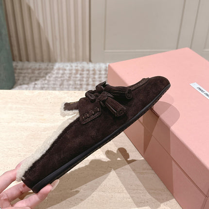 MIUMIU 25S MULES IN DARK BROWN SUEDE WITH SHEARLING