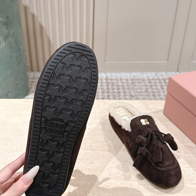 MIUMIU 25S MULES IN DARK BROWN SUEDE WITH SHEARLING